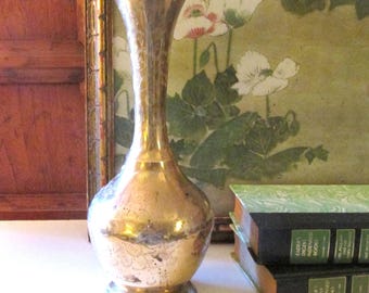 Vintage Tall Brass Etched Vase, Boho Brass Decor, !2"H Trumpet Style Vase, Hollywood Regency, India Vase