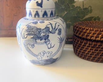 Vintage Oriental Dragon Ginger Jar, Blue and White, Chinoiserie Chic Temple Jar, Mantel Decor, Grandmillennial, Hollywood Regency, Embossed