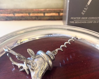 Italian Pewter Deer Corkscrew, Stag Bar Decor, Father's Day Gift, Silver Bar Tool, Farmhouse Bar