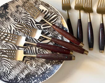 Vintage Set of Eight Teak and Brass Salad and Fruit Forks, Boho Wine and Cheese Party Decor
