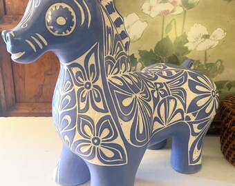 Vintage Large Pablo Zabal Blue Zoo Ceramic 12.5"H Horse, Hollywood Regency, Chilean Folk Art
