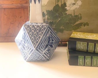 Vintage Blue and White Imari Vase, Multifaceted Chinoisere Lotus Floral Vase, Grandmillennial Decor,