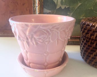 Vintage McCoy USA  Pink "Quilted and Leaves" Pattern Flower Pot with Attached Saucer, American Pottery