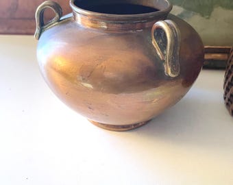 Antque Copper Arts and Crafts Style, Chinese Copper Vase, Cachepot, Three Handled Pot,