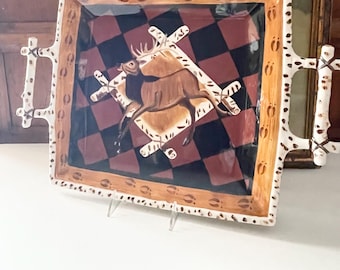 Vintage Zrike Hand Painted Deer and Antler Tray, "Outpost" Pattern, Suzan Riggsbee White, Lake or Cabin House Decor,