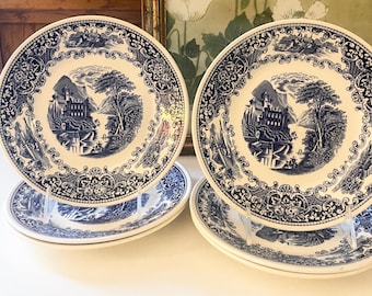 Vintage Six Myott Staffordshire "Old Cambridge" England, Blue and White Salad Plates, Blue Transferware, Cottage Core