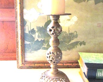 Vintage Brass Pillar Candle Holder, Ornate Filigree Bobo Chic Candle Holder, Grandmillennial Decor