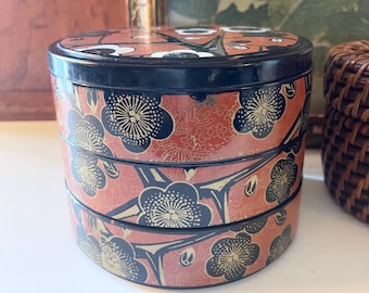 Vintage Japanese Lacquer Ware Three Tier Box, Chinoisere Chic Red Cherry Blossom Design