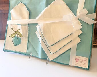 Vintage Turquoise Place Mats and Napkins Luncheon Set, Retro Dining, Victory Brand, Apple Pocket Place Mats, Set of Four, Grandmillennial