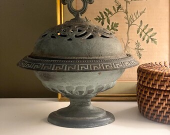 Vintage Virginia Metalcrafters Lidded Cachepot, Cast Iron Incense Burner, Greek Key, Verdigris Green, Jardiniere Planter