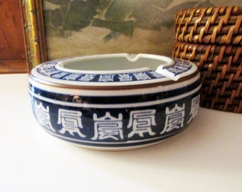 Vintage Large Chinoiserie Ashtray, Blue and White Asian Hallmarked Tray, Calligraphy, Coffee Table Decor