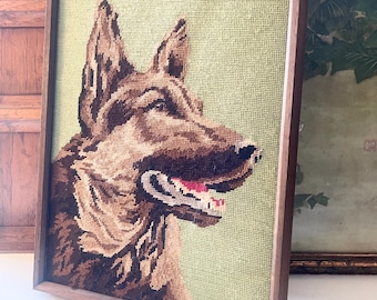 Framed French Vintage Needlepoint German Shepherd, Gift For Dog Lover, Dog Head Tapestry, Grandmillennial Wall Decor