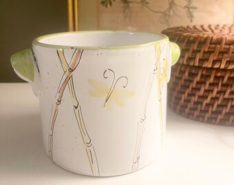 Vintage Italian Pottery Planter, Hand Painted Bamboo Butterfly Cachepot