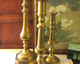 Three  Tall Mosy Brass Graduated Candlesticks, Heavy Brass Candlestick Holders, Modern Farmhouse/Boho Decor, Mantel Decor, Hollywood Regency