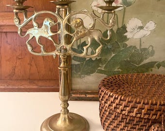 Vintage  Brass Candelabra, Foo Dog Motif, Gothic Decor, Castle Core