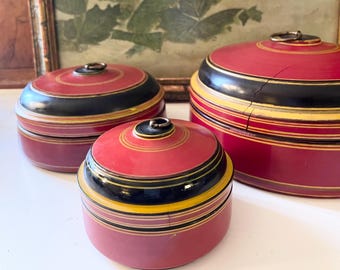 Vintage Set of Three Boxes, Afghan Style Spice Boxes, Wooden Round Hand Painted Boxes, Dome Wood Boxes