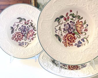 Vintage Set of Three Wedgwood "Bognor" Soup Bowls, Patician, Embossed Rim Bowls, English Chintz Floral