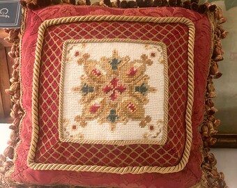 Vintage Holiday Yuletide Needlepoint and Brocade Pillow, 14 x 14, NOS Christmas Victorian Red and Fringe Throw Pillow