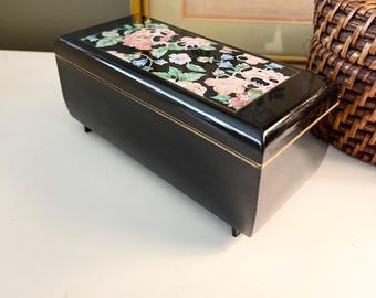 Vintage Otagiri Japanese Black Laquerware Music Box, "Floral Garden", Chinoiserie Gift,