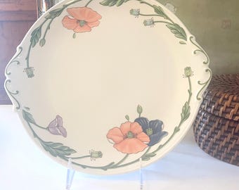 Vintage "Amapola" Poppy Round Cake Plate, Handled Cake or Dessert Tray, Grandmillenial 1980's China, German Porcelain, Orange Green Floral