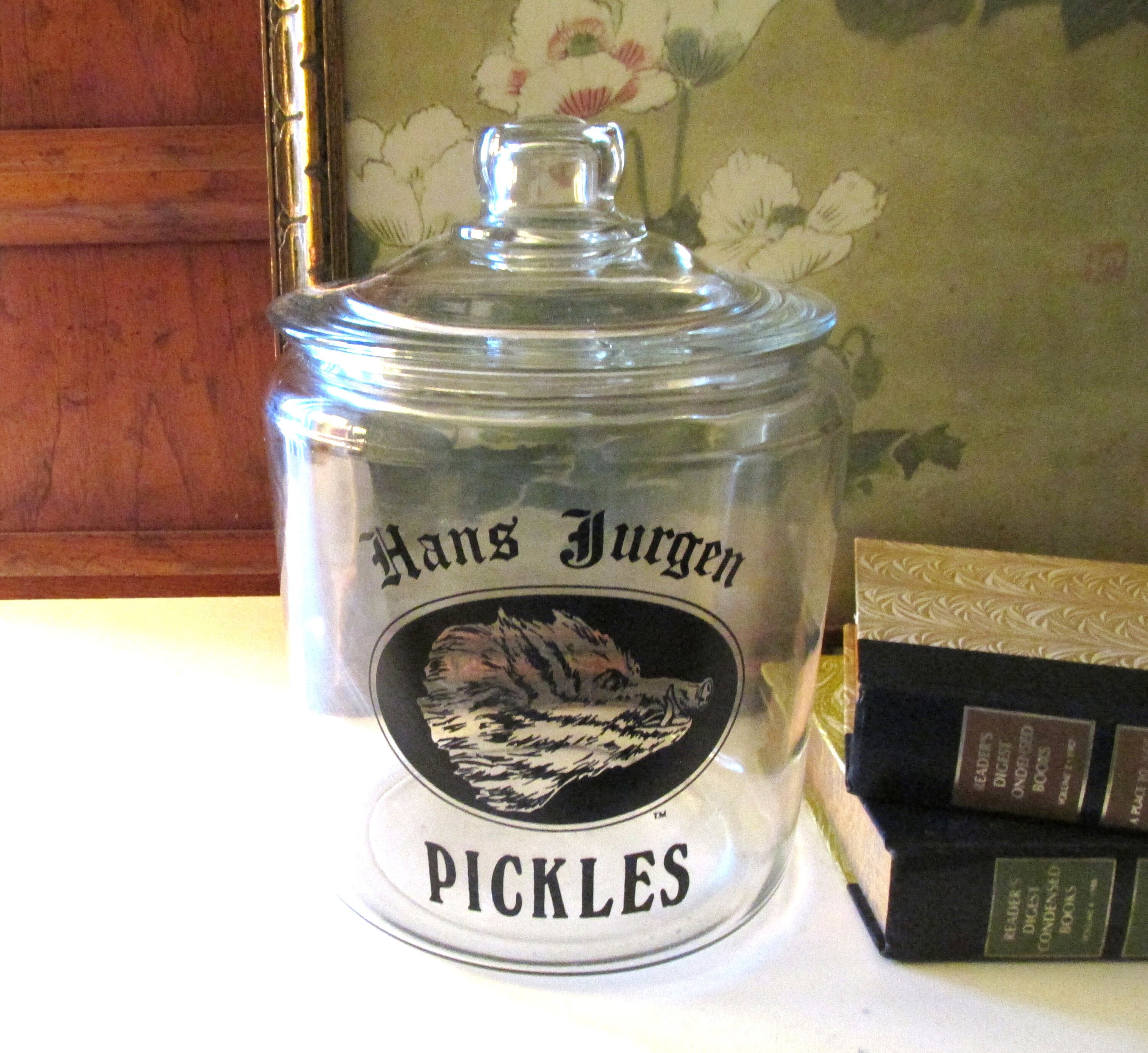 ハンスヘッドバーグ？HANSHEDBERG. Jar with lid Vintage Hans Jurgen Pickle Jar, Boar's Head, Deli Store