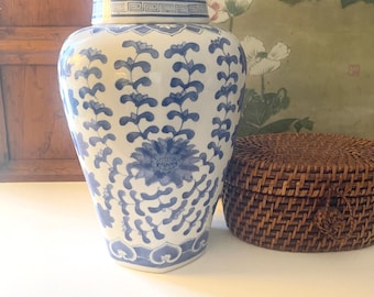 Vintage Tall Oriental Ginger Jar, Floral Blue and White Chinoiserie Chic Temple Jar, Mantel Decor, Grandmillennial, Mother's Day Gift