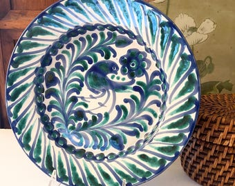 Vintage Alfareria Blas Blue Bird Hand Painted Pottery Plate Hand Painted Wall Plate, Handmade Spain Ceramics, Folk Art Pottery Plate