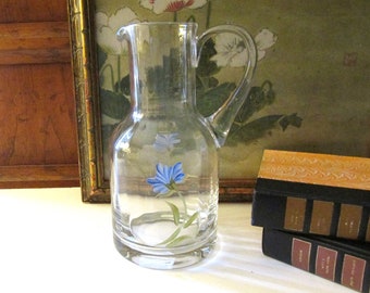 Vintage Laura Ashley Glass Pitcher, Water Pitcher, Hand Painted Blue Flower Accent, English Country,