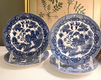 Four Japan Vintage Blue Willow Bread & Butter Plates, Blue and White Transferware, Chinoiserie