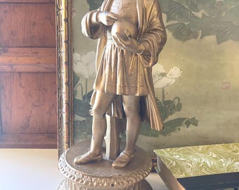 Tall Vintage Christopher Columbus Cast Metal Figurine, Explorer, Gold Finish