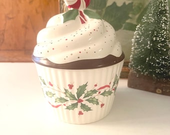 Vintage Lenox "Holiday" Candy Dish, Cupcake Candy Box, Christmas Holly and Berry Canister, Xmas Kitchen Decor