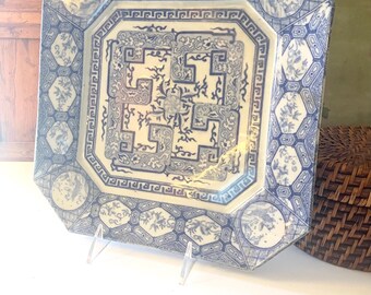 Vintage Large Blue Imari Style Tray, Chinoiserie Koi Fish Theme, Blue Decorative Plate, Oriental Decor, Blue and White Decor