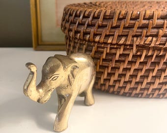 Vintage Small Brass Elephant Figurine, Chinoiserie Chic, Elephant Trunk Up, Bookcase