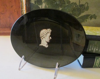 Vintage Hollywood Regency MCM Black Glass Dish With Roman God Motif, Valet Tray, Tablescape Decor, Trinket Tray