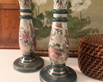 Vintage Chinoiserie Teal Floral Candlestick Holders, Pair