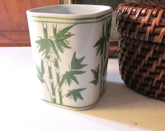 Vintage Chinoiserie Chic Green & White Bamboo Pencil Holder, Make-Up Brush Jar, Home Office Decor, Palm Beach Chic Desk Decor