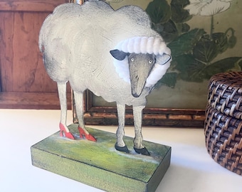 Vintage Acme Animal Sheep Red Heels, Metal Painted Sculpture, Canada Made, Whimsical Folk Art Candle Holder