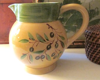 Vintage French Faience Provencale de Port Laval Pitcher, Olives and Leaves, French Country Dining, Hand Painted in France