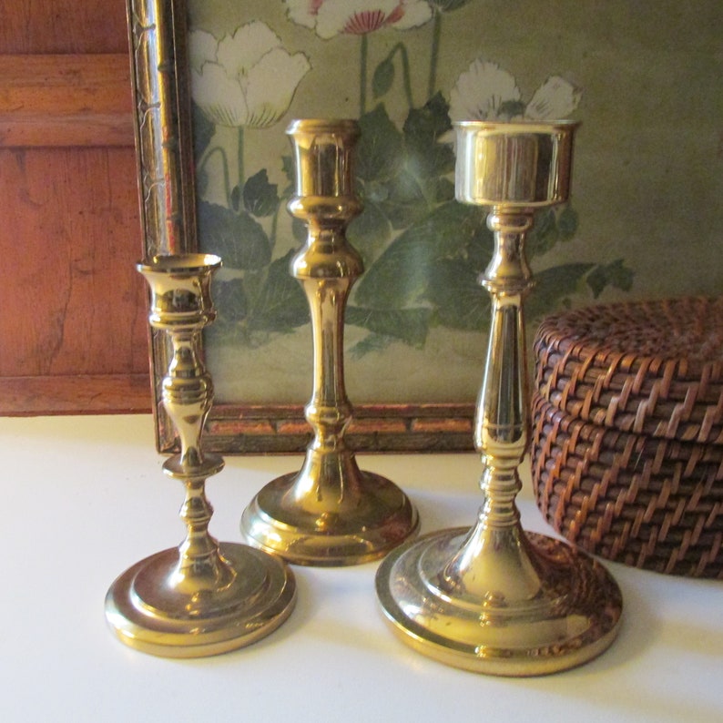 Three Vintage Brass Candlestick Collection, Trio of Mixed Candleholders, Baldwin Brass, Mantel Decor, Hollywood Regency, Brass Decor image 6