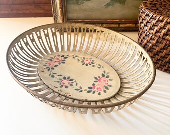 Vintage Germany Tole Ware Fruit Basket, Hand Painted Shallow Bowl, Country Farmhouse Kitchen Decor