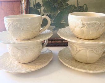 Four Vintage Italian Embossed Fruit Teacups and Saucers, Alfresco Dining, Tuscany China, Set of Four