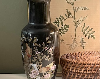 Vintage Tall Oriental Floral and Birds Vase, Chinoiserie Chic, Hollywood Regency, Japanese Porcelain Decorative