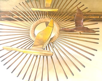 Vintage Birds in Flight Wall Decor, Flying Geese Sunburst Brutalist Metal Wall Art, Retro 1970s' Brass Copper Metal Sunburst Wall Sculpture