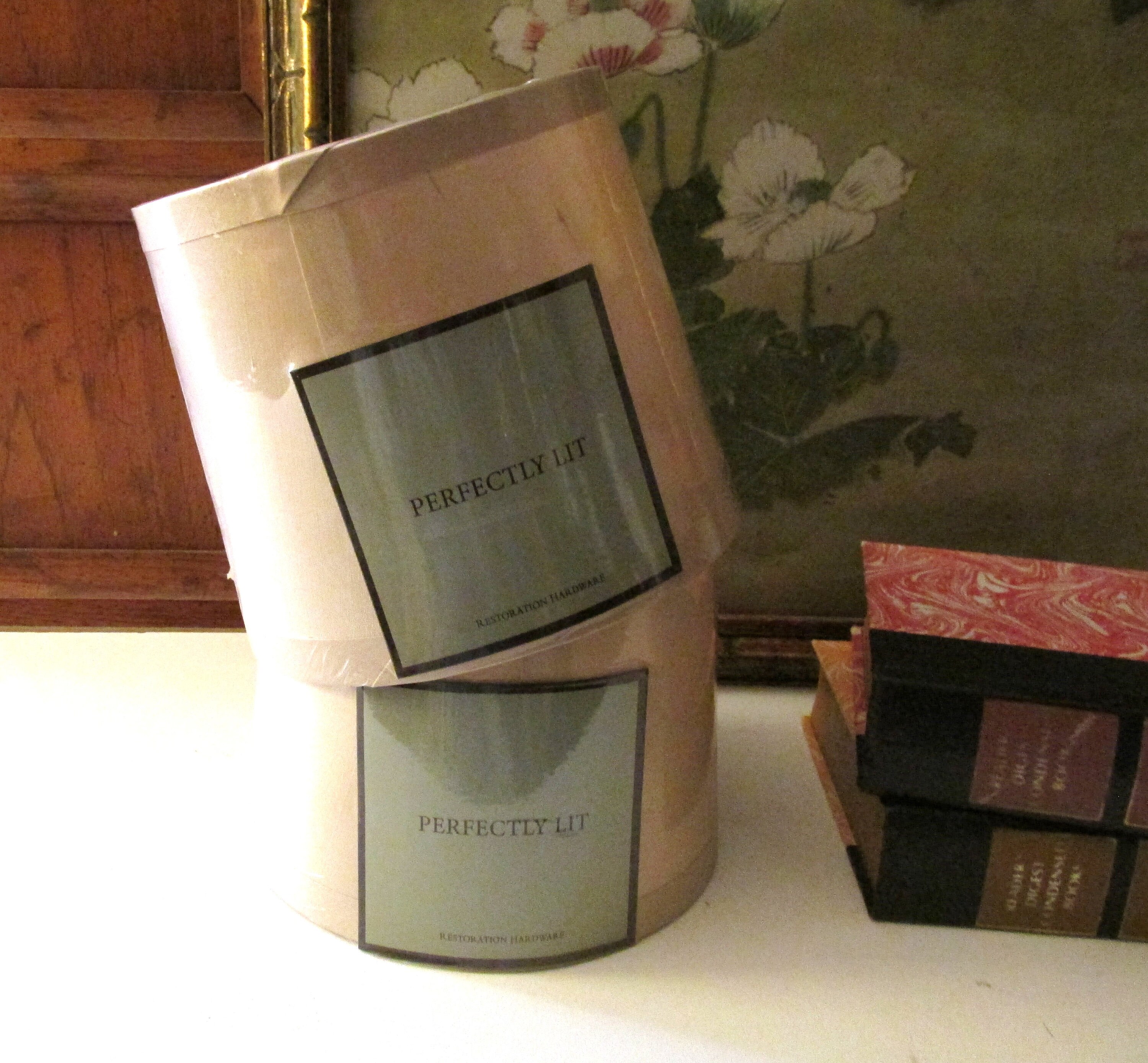 Two Restoration Hardware Drum Silk Lamp Shades Perfectly Lit