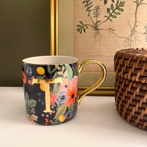 Vintage Anthropologie Monogram "T" Mug, Rifle Paper Co Floral, Gilded Handle