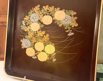 Vintage Japanese Lacquered Tray, Chinoiserie Floral, Hollywood Regency, Square Gallery Lacquered Bar Tray