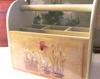 Vintage Cheri Blum  Orchids and Flowers Wooden Caddy With Handle, Organization Tote, Vintage Gift, Kamenstein, 1997, Gift For Gardener
