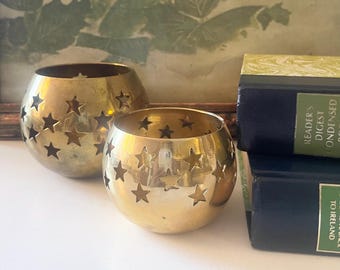 Vintage Set of Two Brass Tea Candle Holders, Brass Boho Decor, Holiday Decor, Star Cut Out Brass Votive Holders, July 4th Decor