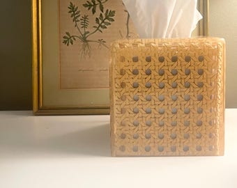 Vintage Rattan Acrylic Tissue Box Cover, Chinoiserie Vanity Decor