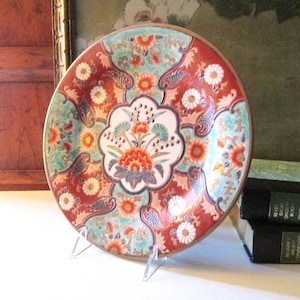 Vintage Hand Painted Oriental Decorative Plate, Imari Teal, Peach, Coral Red Chinoiserie Chic Decor